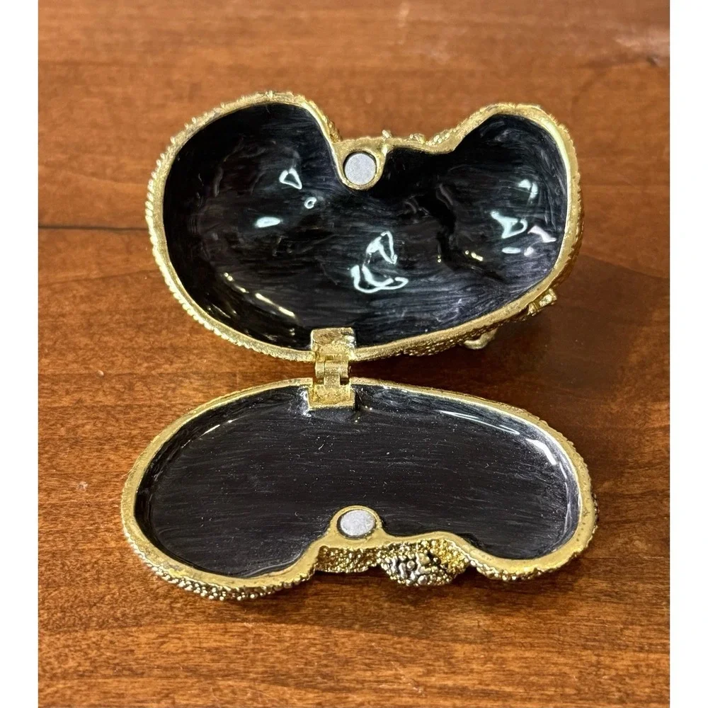 Cat Trinket Box, Sparkly Metal, CZ Collar black Stones Enamel Interior VGC